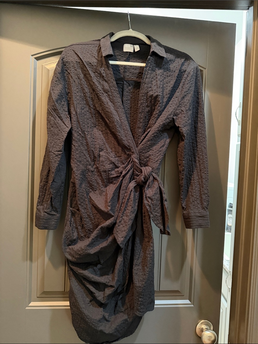 Textured Black Wrap Shirt Dress with Tie Waist